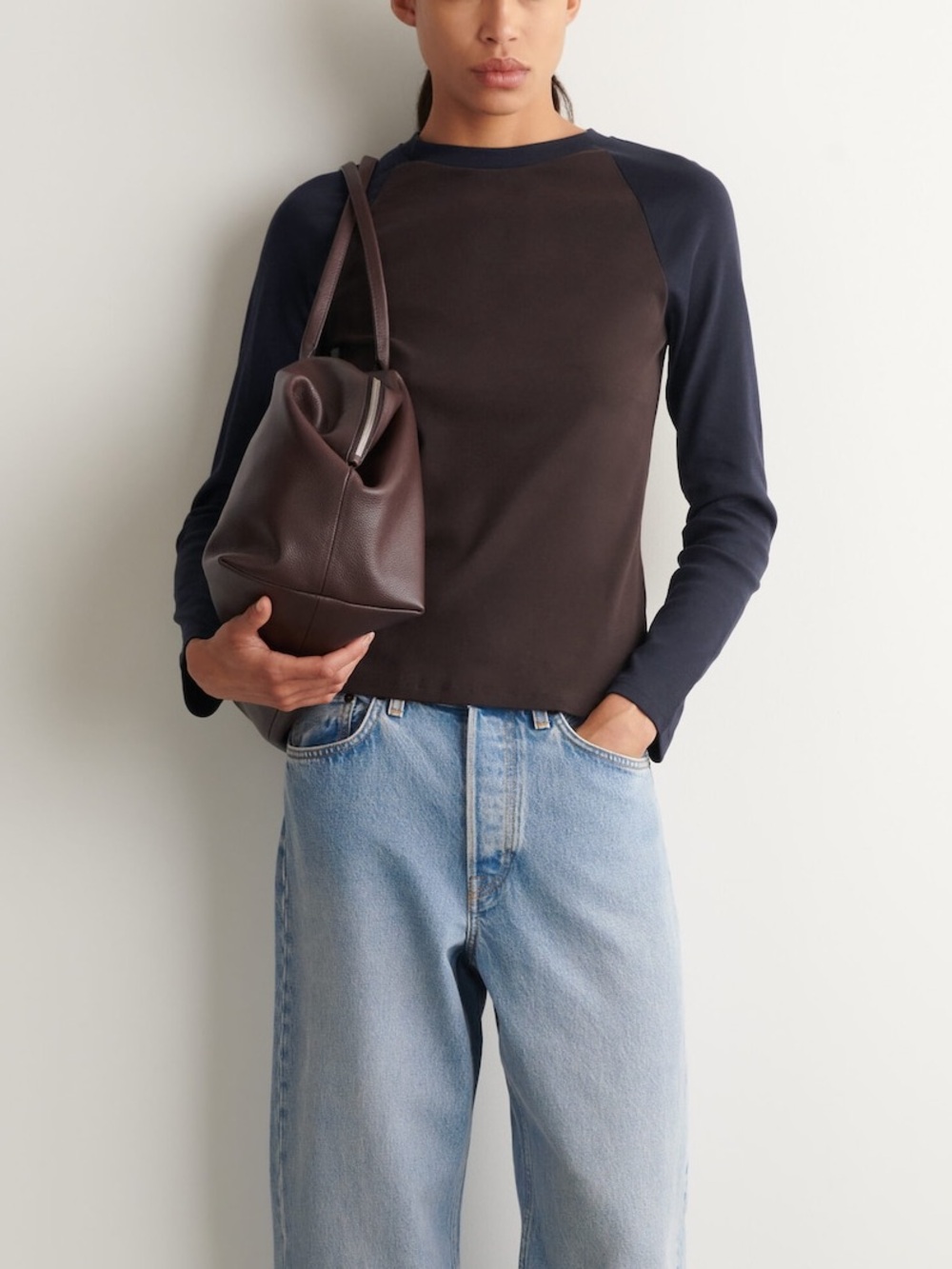 COS LONG-SLEEVED COTTON RAGLAN T-SHIRT small Brown NAVY raglan long sleeve shirt